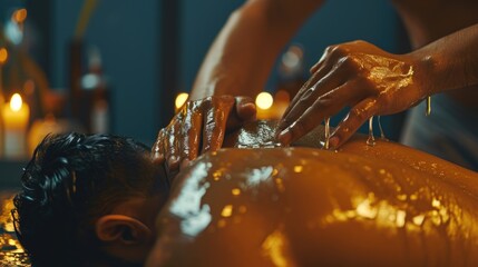 A man receiving a relaxing back massage with the warm glow of candles in the background. Perfect for spa and wellness concepts