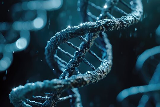 A close-up view of a double strand of DNA. This image can be used to illustrate genetic research, medical advancements, or scientific breakthroughs.
