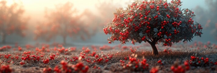 Landscape Wild Strawberry Flowers Lonely Tree, Banner Image For Website, Background, Desktop Wallpaper
