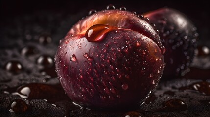 Fresh plum with water splashes and drops on black background