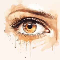 Close-up Brown eye of a girl isolated on a plain background, watercolor clipart illustration	
