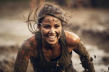 女性たちが障害物レースで泥だらけでスパルタの競技を戦っている - obrazy, fototapety, plakaty