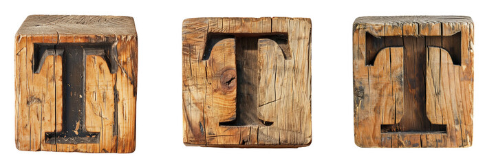 Wooden Blocks with Letter "T" Set Isolated on Transparent or White Background, PNG