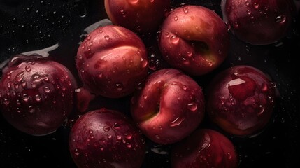 Fresh plum with water splashes and drops on black background