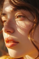A close up photograph of a woman with freckles on her face. This image can be used in beauty and skincare campaigns or to represent natural beauty and diversity