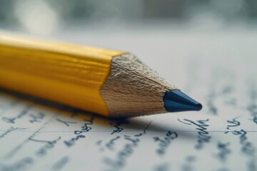 A yellow pencil placed on top of a piece of paper. Suitable for office supplies and education...