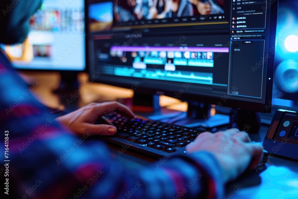 Poster a person is seen typing on a keyboard in front of a computer monitor. this image can be used to depi