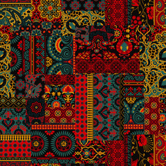 Abstract floral paisley antique carpet motifs patchwork vector seamless pattern for shirt fabric wrapping rug tablecloth pillow wallpaper 