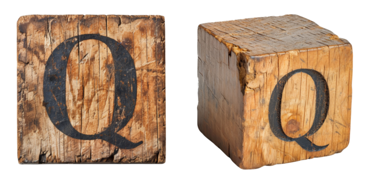 Wooden Blocks with Letter Q Set Isolated on Transparent or White Background, PNG