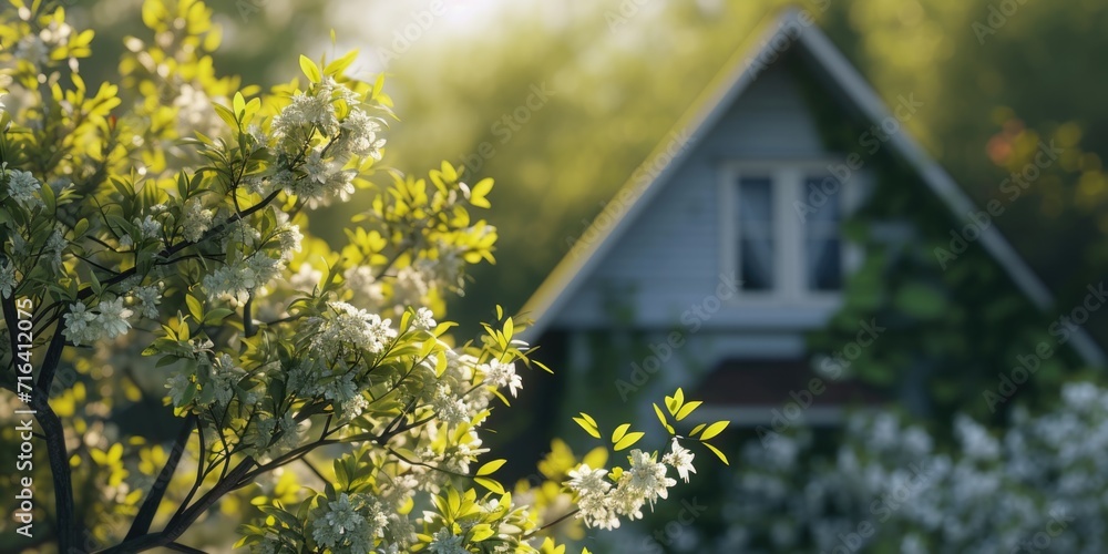 Poster a picturesque scene of a house in the background with a tree in the foreground. suitable for various