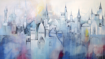 fairy tale princess castle, art work painting in impressionism style, light background white and blue shade design, background copy space
