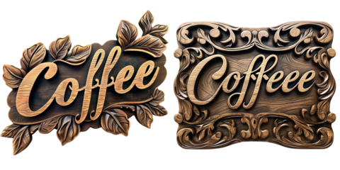 Carved Coffee Signs Set Isolated on Transparent or White Background, PNG
