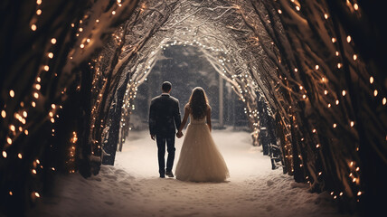 winter, wedding, bride and groom view from the back, beautiful arch decorated with small lights and garlands for the holiday, wedding - obrazy, fototapety, plakaty