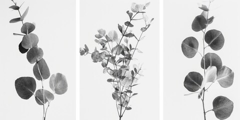 Three black and white photographs showcasing the beauty of eucalyptus leaves. Ideal for adding a touch of elegance and nature to any project - obrazy, fototapety, plakaty
