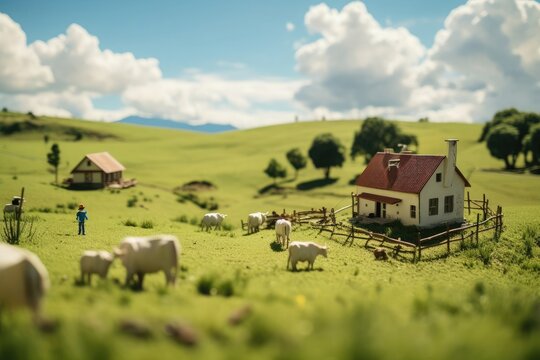 A shepherd grazing cows and sheep in a meadow, with a little dog running nearby. A beautiful felt world. Miniature