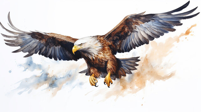 eagle watercolor illustration on a white background, a predatory free bird in flight