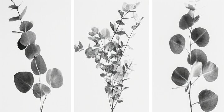 Three black and white photographs showcasing the beauty of eucalyptus leaves. Ideal for adding a touch of elegance and nature to any project