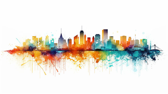 multicolored spectrum silhouette of the city, watercolor illustration on a white background, cityline liquid paint, isolated print