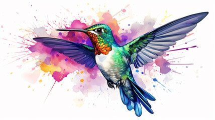 Obraz premium Hummingbird watercolor illustration, spots of liquid paint isolated on a white background