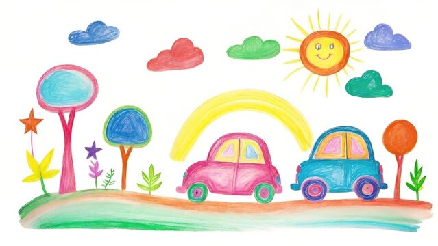 Childlike Drawing of Cars, House, Tree, Sun Illustration, Colorful Chalk Isolated on White Background
