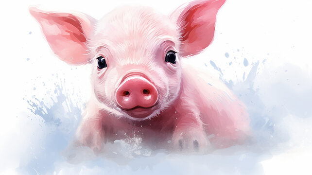 pink cute piglet, watercolor illustration on a white background, liquid paint spots