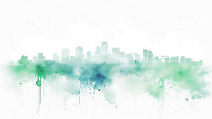 green eco silhouette of the city, illustration on a white background, cityline liquid paint, insulated print, logo - obrazy, fototapety, plakaty