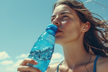 A woman in a bikini refreshes herself by drinking water from a bottle. Suitable for health, fitness, and summer-related content