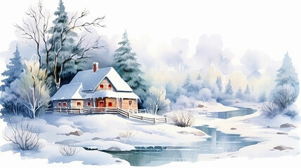 winter landscape, watercolor illustration of a small house in nature, isolated on a white background