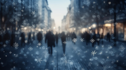 winter blurred background, snowflakes, people crowd, pedestrian street in snowfall, abstract Christmas backdrop