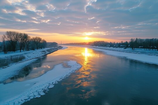 A stunning image capturing the beauty of a frozen river as the sun sets. Perfect for winter landscapes or nature-themed designs