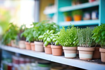 row of potted herbs for sale on a shelf - obrazy, fototapety, plakaty