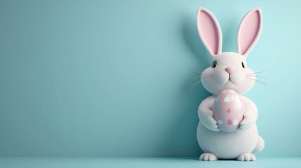 Obraz premium Cute White Easter Bunny holding an easter egg with copy space on pastel orange background.