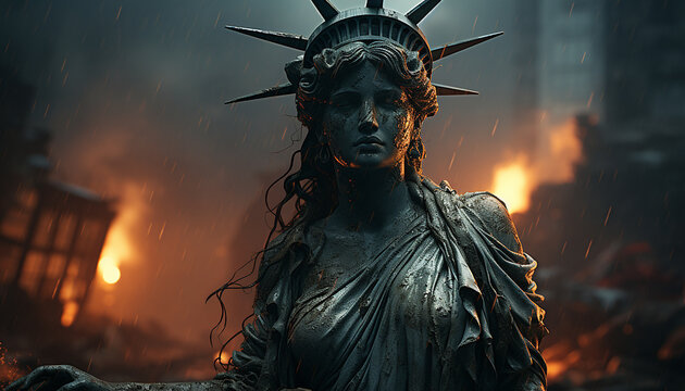 The statue of Liberty crying, inflation concept, a falling graph. The economic crisis in America. Decline in industrial production in the United States. The deterioration of the US economic indicators