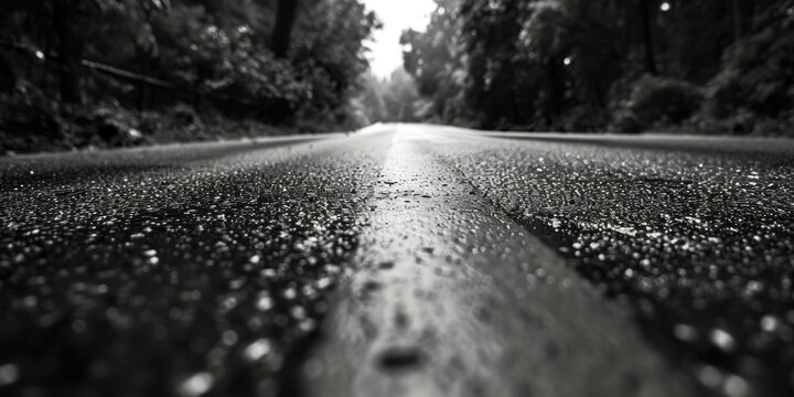 Fototapeta A black and white photo capturing a wet road. Suitable for various uses