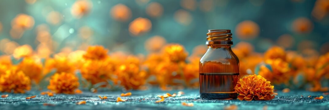 Marigold Extract Small Bottle Medicinal Herbs, Banner Image For Website, Background, Desktop Wallpaper