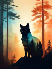 Black cat with orange eyes sitting in a pine forest. Digital painting. Created using generative AI tools