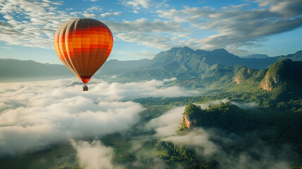 A hot air balloon flying through the clouds