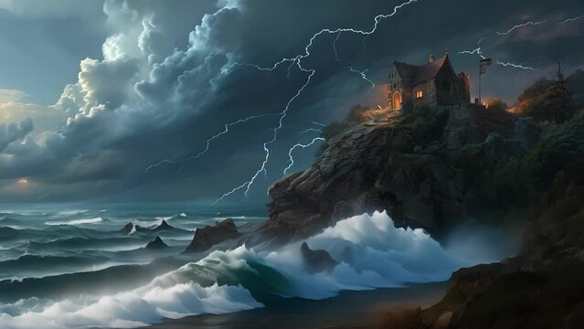 As a storm rages on, lightning illuminates a windswept cliff where a haunting melody echoes and lingers in the air, creating an eerie and mysterious atmosphere. Fantasy animatio
