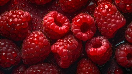 Fresh raspberries with water splashes and drops on black background