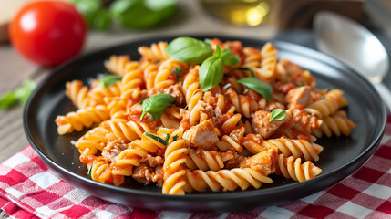 A plate of delicious pasta with tuna and tomato sauce - obrazy, fototapety, plakaty