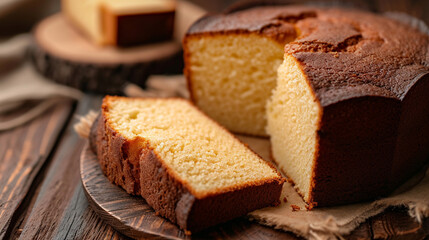 Fototapeta na wymiar A vanilla cake on a wooden bottom cut into slices