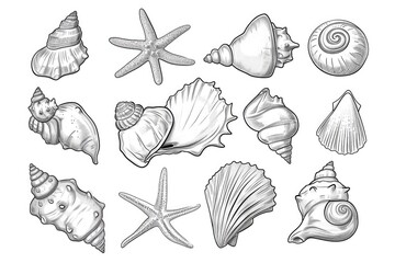 A collection of sea shells and starfishs. Can be used for beach-themed decorations or educational materials - obrazy, fototapety, plakaty