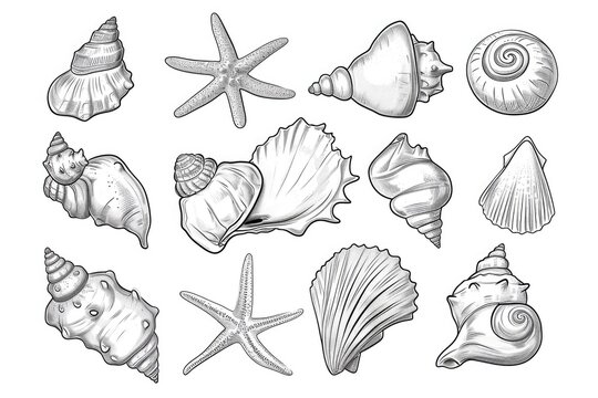 A collection of sea shells and starfishs. Can be used for beach-themed decorations or educational materials