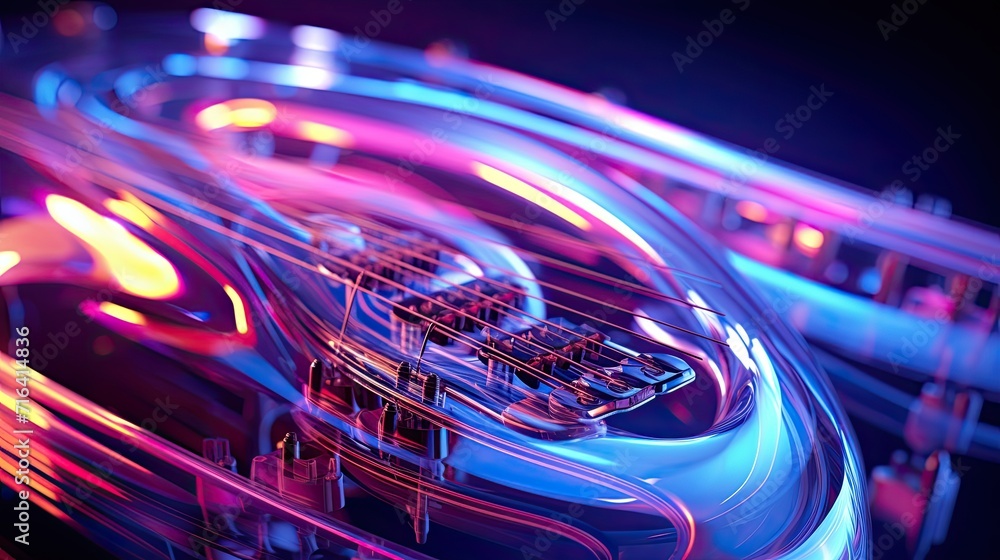 Poster Colorful retro abstraction of musical instruments, modern and abstract multicolor music background with fluid structure, violin and guitar, generative ai