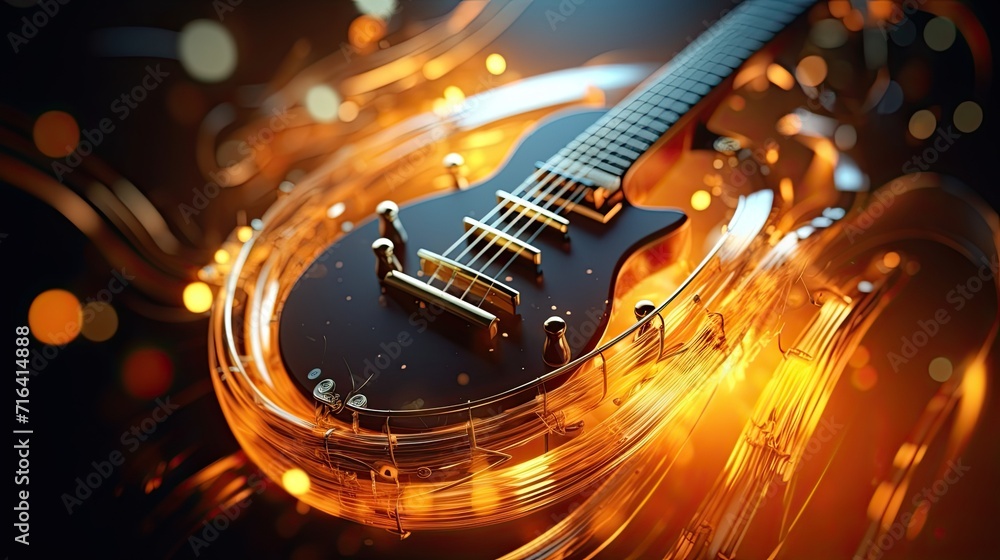 Poster Colorful retro abstraction of musical instruments, modern and abstract multicolor music background with fluid structure, violin and guitar, generative ai