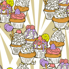 Tasty sweet cupcake dessert decorative seamless vector pattern for textile design, fabric print, digital or wrapping, wall paper, background and backdrop, bakery shop decoration, cafe, restaurant menu