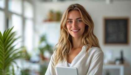 Happy, fresh and energetic 30 year old businesswoman using touchpad while working in office and looking at camera. Full body shot. The background is clean, white background, international style.