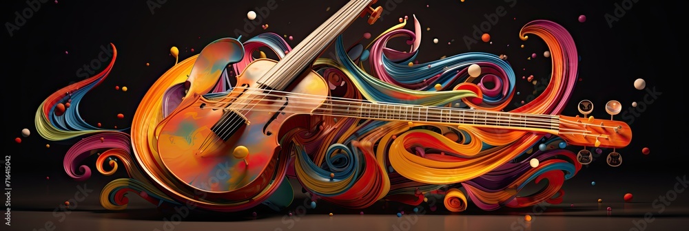 Poster Colorful retro abstraction of musical instruments, modern and abstract multicolor music background with fluid structure, violin and guitar, generative ai