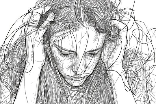 A drawing of a woman with her head in her hands. This image can be used to depict stress, despair, sadness, or frustration. It can also be used in mental health or counseling-related projects