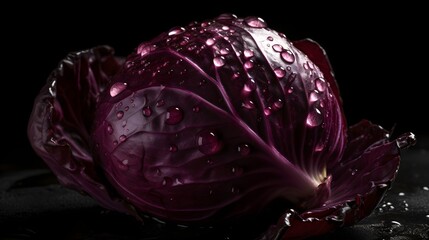 Obraz premium Fresh red cabbage with water splashes and drops on black background
